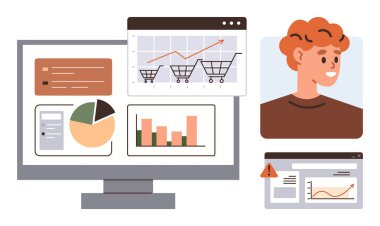 Analitik gösterge paneli çizelgeleri, ekommerce ölçümleri, performans uyarıları ve müşteri avatarını gösteriyor. Çevrimiçi alışveriş için ekommerce, pazarlama, analiz, veri görselleştirme, strateji teknolojisi için ideal