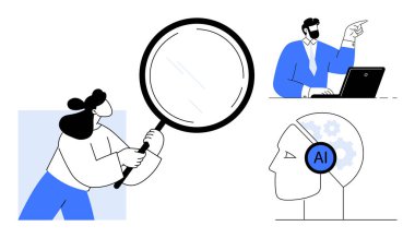 Büyüteçle analiz yapan bir kadın, dizüstü bilgisayarı işaret eden bir iş adamı ve yapay zeka odaklı bir dişli. Yenilik, araştırma, analiz, takım çalışması, teknoloji, yapay zeka için ideal