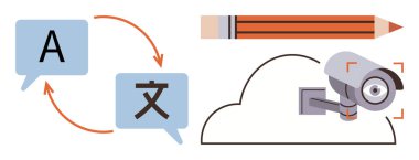 Konuşma baloncukları, dil simgeleri, kalem, bulut ve güvenlik kameraları birbirine bağlı. Teknoloji, iletişim, çeviri, yaratıcılık, depolama eğitimi güvenliği için ideal. Basit.