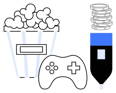 Patlamış mısır kovası, oyun kumandası, içki bardağı ve eğlence, eğlence, eğlence, atıştırma, oyun, sinema geceleri hobileri ve hoşgörüyü temsil eden bozuk paralar. Eğlence oyunları gevşeme temaları için ideal