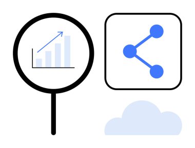 Büyüteç büyütme, büyüme grafiği, bağlı düğümlerle simge paylaşımı ve bulut. Analiz, teknoloji, bulut hesaplama, paylaşım, işbirliği, veri görselleştirme için ideal