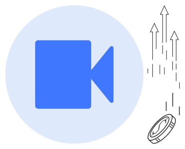 Mavi video kamera simgesi, video içeriği büyümesini, finansal başarıyı, yükselen eğilimleri, teknolojiyi, dijital pazarlamayı, yeniliği, minimalizmi, basit daireyi sembolize eden oklarla yükselen bozuk para ile birlikte yükselen para simgesi