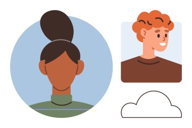 Yuvarlak ve kare çerçevelerde neşeli bulut hatlarıyla soyut erkek ve kadın portreleri. Kimlik, toplum, çeşitlilik, kendini ifade etme, sosyal medya, dahil etme, minimalizm için idealdir. Basit düz