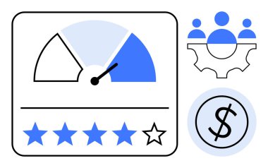 İlerlemeli hız göstergesi, yıldız derecelendirme sistemi, dolar parası ve takım çalışması ekipmanı olan insanlar. Performans, gözden geçirme, değerlendirme, takım çalışması, verimlilik müşteri memnuniyeti için ideal