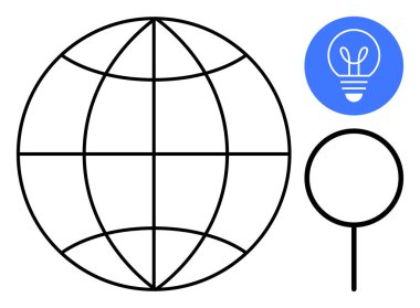 Fikirler için tel çerçeveli küre bağlantıları, dairesel büyüteç ve ampul ikonunu temsil ediyor. Yenilik için ideal, arama aracı, küresel ulaşım, keşif, teknoloji, eğitim, basit iniş