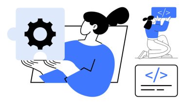 Dişli yapboz parçası tutan kadın, diz çökmüş figür ve kodlama sembolleri. Takım çalışması, problem çözme, programlama, proje yönetimi, yazılım mühendisliği, geliştirme süreci için ideal