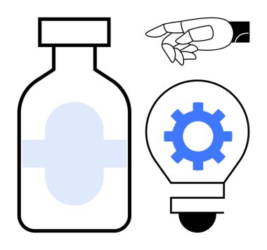 Robot el, tıbbi şişe ve çark şeklindeki ampul teknoloji, mühendislik ve sağlık hizmetlerini sembolize ediyor. Yenilik için ideal, sağlık teknolojisi, yapay zeka geliştirme bilim otomasyonu gelecek vizyonu. Basit.
