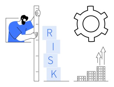 Yığılmış blokların yanında dikey bir ölçek tutan adam heceleme riskini temsil eden bir dişli ve yukarı doğru oklu bir çubuk grafik. Risk yönetimi, büyüme stratejisi, analitik ve iş için ideal
