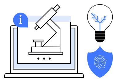 Bilgi sembollü mikroskop, yeniliği sembolize eden ampul ve parmak izli kalkan gösteren dizüstü bilgisayar. Teknoloji, araştırma, güvenlik, yenilik, analiz, eğitim için idealdir.