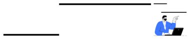 Mavi giysili iş adamı kalın siyah minimalist çizgilerle çevrili bir fikre doğru hareket eden bir dizüstü bilgisayarın başında oturuyor. Yaratıcılık, strateji, yenilik, takım çalışması, liderlik, planlama için ideal