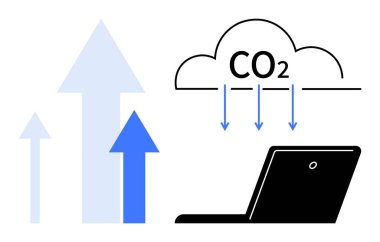 Yükselen mavi oklar emisyonları, karbon salınımını gösteren bir buluttaki CO2 ve dijital bağlantıları gösteren dizüstü bilgisayarlar. Sürdürülebilirlik, çevre, kirlilik, iklim değişikliği ve teknoloji için ideal