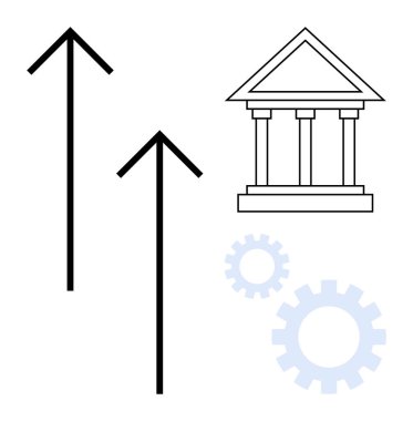 Yukarı doğru iki ok, klasik bir banka binası ve vitesler mali büyüme, kurumsal ilerleme ve sistem iyileştirmesini temsil ediyor. Ekonomi, finans, bankacılık ve kalkınma stratejisi için ideal
