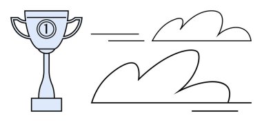 Hız çizgileri ve bulutların yanında bir numara etiketli mavi kupa. Temalar için ideal başarı, rekabet, başarı, zafer, mükemmellik, başarı, motivasyon. A