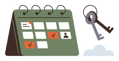 Vurgulanmış tarih ve anahtarların olduğu masaüstü takvimi, planlama, organizasyon, rezervasyon, zaman yönetimi, rezervasyon ve son teslim tarihini sembolize ediyor. Basit bir daire için ideal