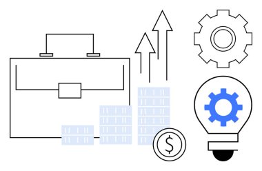 Evrak çantası, grafik çubukları, dolar parası, yukarı bakan oklar, dişli ve ampuller iş büyümesini, yatırımı, ilerlemeyi ve yeniliği vurguluyor. Strateji üretkenliği finansmanı için ideal