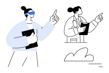 VR gözlük takan biri yenilikçi bir şekilde işaret ediyor, doktor elinde not panosu tutuyor, vurgu yapıyor, soyut bulut. Takım çalışması, yenilik, teknoloji, sağlık, işbirliği, eğitim için ideal