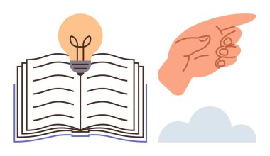 Parlak ampullü, fikirleri, öğrenmeyi, el işaretini ve bulutu simgeleyen açık bir kitap. Eğitim, yaratıcılık, yenilik, rehberlik, öğrenme, ilham ve bilgi için idealdir. Basit düz