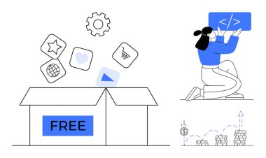 Kodlama ekranıyla etkileşim halinde olan kişi, uygulama simgelerini serbest bırakan kutuyu aç, ve para yığınları üzerinde yükseliyor. Teknoloji, kodlama, yazılım geliştirme, serbest kaynaklar, yenilik ve pazarlama için ideal