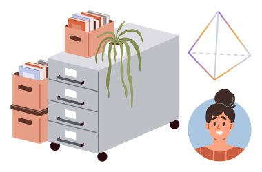 Organizatörlerin, kitapların, saksı bitkisinin, geometrik sanatın ve insan portresinin olduğu dosya dolabı. Organizasyon, işyeri, yaratıcılık, takım çalışması iç tasarım basit düz metafor