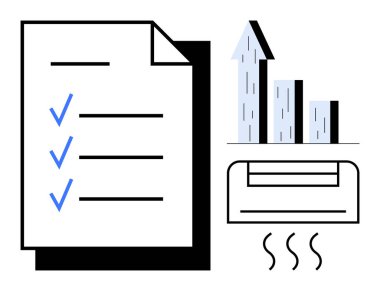 Mavi keneli kontrol listesi, yükselen bar grafiği, ve organizasyon, ilerleme, teknoloji ve konfor için klima. Üretkenlik, iş dünyası ve strateji planlaması için ideal basitlik
