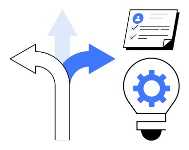 Seçenekleri gösteren oklar, profil ve görevlerle kontrol listesi, ve dişli ampuller. İş akışı, strateji, hedefler, yenilik, planlama çözümleri yönetimi için idealdir. Basit düz metafor
