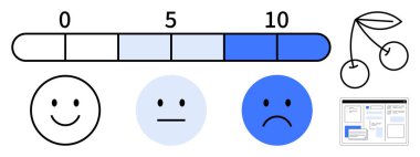 0-10 reytingli yatay tatmin çubuğu, mutlu ve üzgün yüzler, kirazlar ve web sayfası maketleri. Müşteri geribildirim, değerlendirme, ruh hali değerlendirmesi, verimlilik izleme verileri için ideal