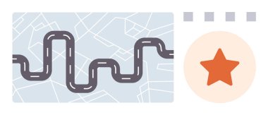 Soyut harita üzerinde turuncu yıldızlı yol, hedefleri ya da başarıyı simgeliyor. Navigasyon, yolculuk, başarı, planlama, keşif, yön ve ilerleme için idealdir. Basit düz metafor