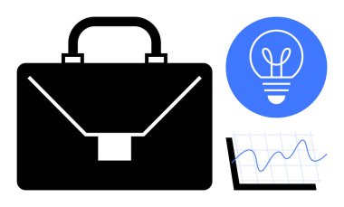 Siyah evrak çantası ticareti temsil ediyor, çizelge büyümeyi veya analitiği gösteriyor, mavi ampul yenilikleri ön plana çıkarıyor. İş planlaması, strateji, yaratıcılık, girişimcilik, işyeri için ideal