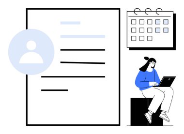 Kullanıcı simgesi, takvim planlayıcısı ve dizüstü bilgisayarda çalışan kadın profili. Üretim, organizasyon, iş yönetimi, zamanlama, mesleki görevler, dijital çalışma alanı için ideal