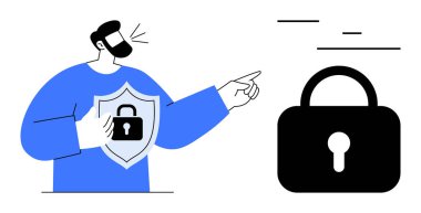Kalkan simgesi takan ve asma kilidi işaret eden kişi, veri güvenliğini, mahremiyeti, korumayı vurguluyor. Siber güvenlik, dijital güvenlik, teknoloji, çevrimiçi mahremiyet, veri şifreleme bilgileri için ideal