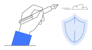 Bir dolmakalem tutarken bulut ve kalkan yaratıcılığı, korumayı ve güvenliği temsil eder. Yazmak için ideal, güvenlik, yaratıcı düşünce, fikri mülkiyet, güvenilirlik