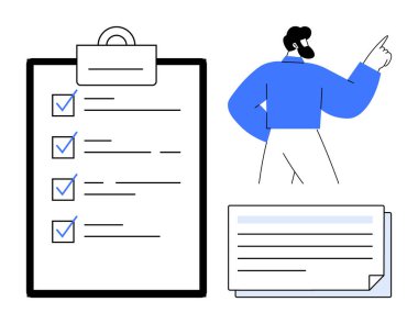 Kontrol listesi, kâğıt notları ve işaret eden şekli olan büyük bir pano. Planlama, organizasyon, verimlilik, görev yönetimi, liderlik hedefi hazırlığı için idealdir. Modern basit düz metafor