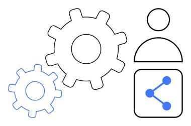 Ağ paylaşım elemanı olan bir kullanıcı simgesinin yanında büyük ve küçük vitesler. Takım çalışması, işbirliği, süreç, verimlilik, teknoloji, yenilik veya basit bir iniş sayfası için ideal