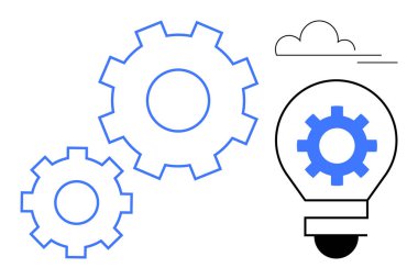 Üç vites ve bir ampul yaratıcılığı, süreç optimizasyonunu, takım çalışmasını ve verimliliği gösterir. Yenilik, beyin fırtınası, teknoloji, takım çalışması, mühendislik verimliliği için ideal