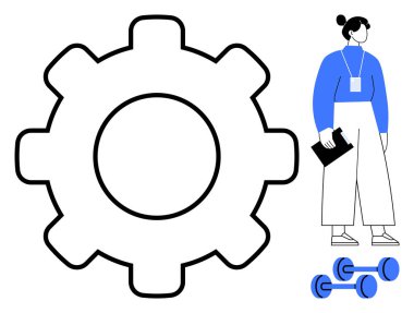 Üzerinde halterin yanında bir pano tutan kadın sembolü. Kendini geliştirme, verimlilik, fitness, takım çalışması, kişisel büyüme, kurumsal refah, problem çözme için ideal. Basit düz metafor