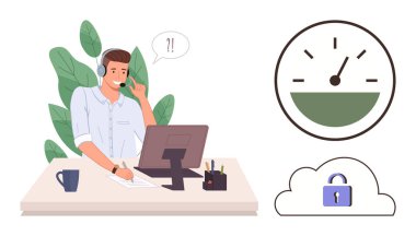 Masada oturan, kulaklık takan, müşteriye yardım eden bir erkek çağrı merkezi ajanı. Hız göstergesi ve bulut güvenlik simgesi. Müşteri hizmetleri, teknoloji, üretkenlik ve destek için ideal