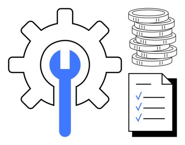 Onarımı simgeleyen ingiliz anahtarı, görev ilerlemesi için kontrol listesi ve finansal planlama için para yığını. Bakım, üretkenlik, strateji, bütçe geliştirme, geliştirme, verimlilik için ideal basit