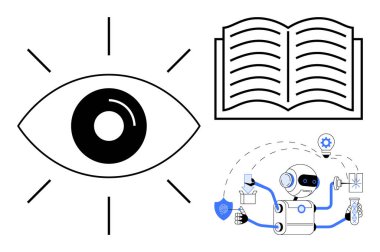 Göz, açık kitap ve robot otomatikleştirme görevleri yapay zeka, otomasyon ve algıyı sembolize eder. Teknoloji, eğitim, yenilik, araştırma otomasyonu AI etiği için ideal