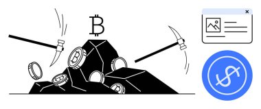 Madencilik araçları bozuk para, Bitcoin ve dolarla ilgili grafikler, engelleme elementleri kırıyor. Kripto para birimi, engelleme zinciri, dijital para birimi, finans, yatırım, teknoloji için ideal