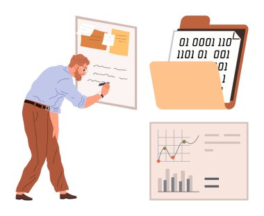 Analitik veri tablolarının, bar grafiğinin, ikili kodlu klasörün yanına notlar yazan adam. Takım çalışması, iş planlaması, sorun çözme, analitik, strateji, yenilik veri görselleştirmesi için ideal