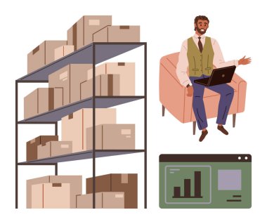 Metal raflarda istiflenmiş kutular, elinde dizüstü bilgisayarla envanter verilerini analiz eden bir adam ve ekranda bir performans grafiği. Lojistik, depolama, iş stratejisi, e-ticaret, envanter, veri için ideal