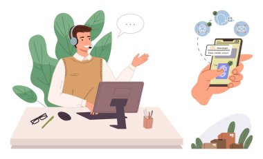 Masa başı sorgulamada kulaklık takan gülümseyen bir ajan. İki faktörlü kimlik doğrulaması ile akıllı bir telefonu elinde tutuyorsun. Müşteri hizmetleri, teknoloji, iletişim, iş, güvenlik için ideal