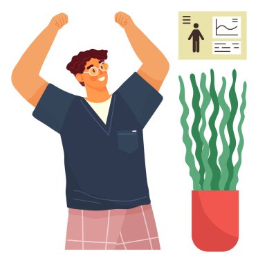 Kutlama için kollarını kaldıran kişi, gemide veri içgörüsü ve yakınlarda yeşil saksı bitkisi. Motivasyon, başarı, başarı, üretkenlik, veri analizi, pozitif özgüven için idealdir. Basit.