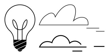 Ampul fikirleri ve yenilikleri simgeler, bulutlar ve hareket çizgileri beyin fırtınası, hayal gücü veya esnekliği yansıtır. Yaratıcılık, üretkenlik, enerji, teknoloji ve ilerleme için ideal