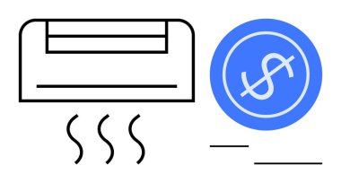 Klima, enerji harcamalarını sembolize eden bir dolar işaretinin yanında serin hava yayıyor. Enerji, maliyet tasarrufu, çevre bilinci, iklim, cihazlar, ev konforu, mali planlama için ideal