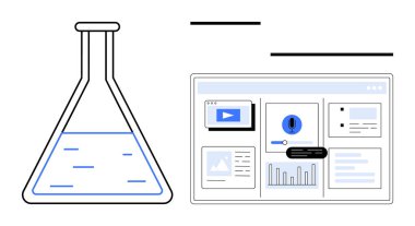 Laboratuvar şişesi dijital bir gösterge panelinin yanında sıvı ile dolu. Grafikler, videolar ve uyarılar var. Bilim, teknoloji, araştırma, veri eğitimi yenilik analizleri için idealdir. Basit.