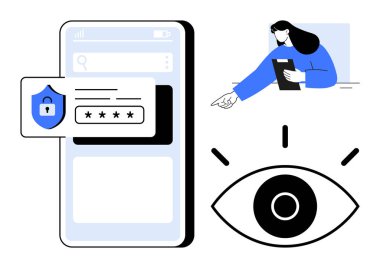Şifre girdi formu ve güvenlik kalkanı olan akıllı telefon, pano tutan kişi ve görünürlüğü ve mahremiyeti simgeleyen göz ikonu. Veri güvenliği, kimlik denetimi, mahremiyet, UX uygulaması ve teknoloji için ideal