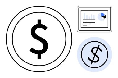 Bir çubuk grafik ve pasta grafiğine komşu dairesel elemanlarla çevrili dolar işareti. Finans, iş stratejisi, bütçe planlaması, yatırım, gelir büyümesi, veri görselleştirmesi için ideal