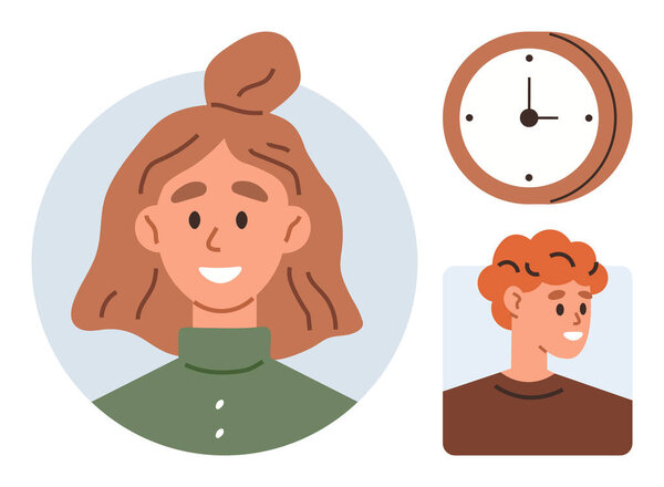 Портрет улыбающейся женщины, веселый мужчина в профиль, и простые настенные часы, освещающие повседневную жизнь, управление временем, командную работу, общение, планирование, личностный рост и производительность в