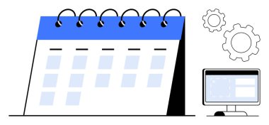 Vurgulanmış bölümleri, bilgisayar monitörleri, ızgaraları ve vitesleri olan spiral bağlantılı masaüstü takvimi. Program, planlama, organizasyon, üretkenlik, iş akışı, verimlilik ve basit